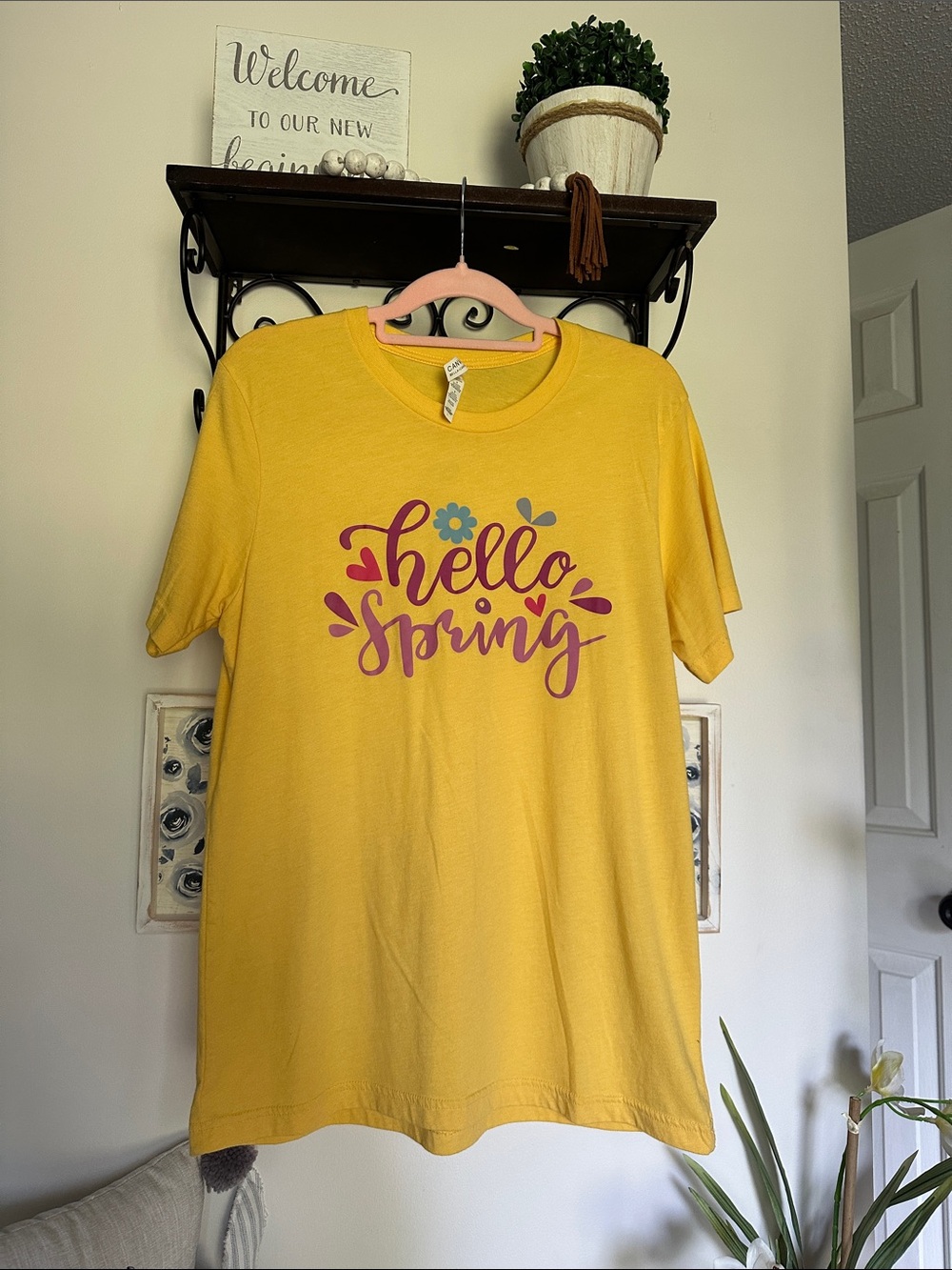 Bella Canvas Yellow Tee with Pink Script and Blue Flower